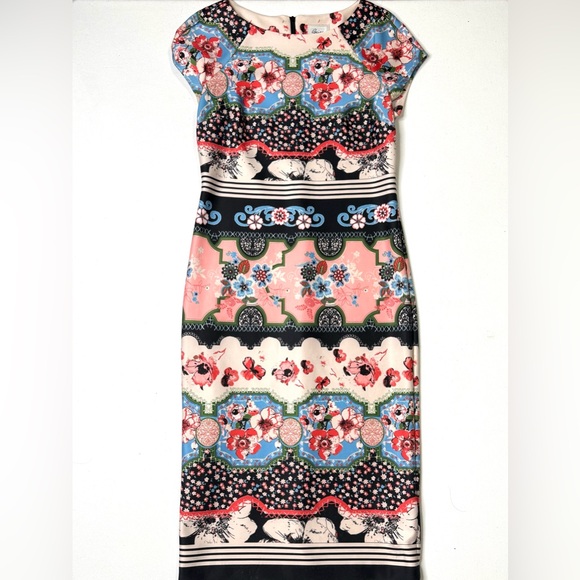 ECI Dresses & Skirts - Beige by ECI Floral Pink & Blue Floral Midi Sheath Dress Size 6